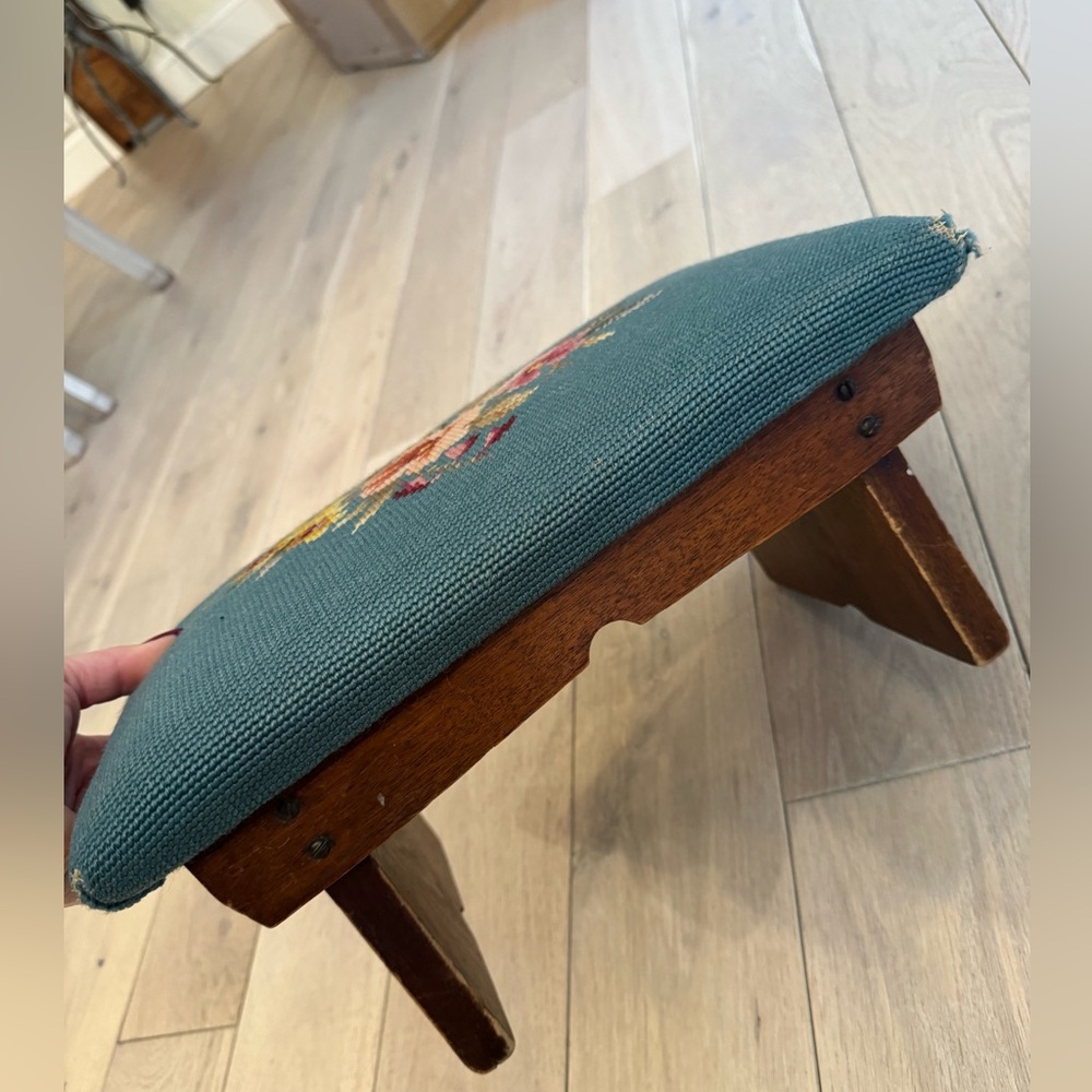 Vintage America Wooden Footstool with Blue Embroidered Cushion